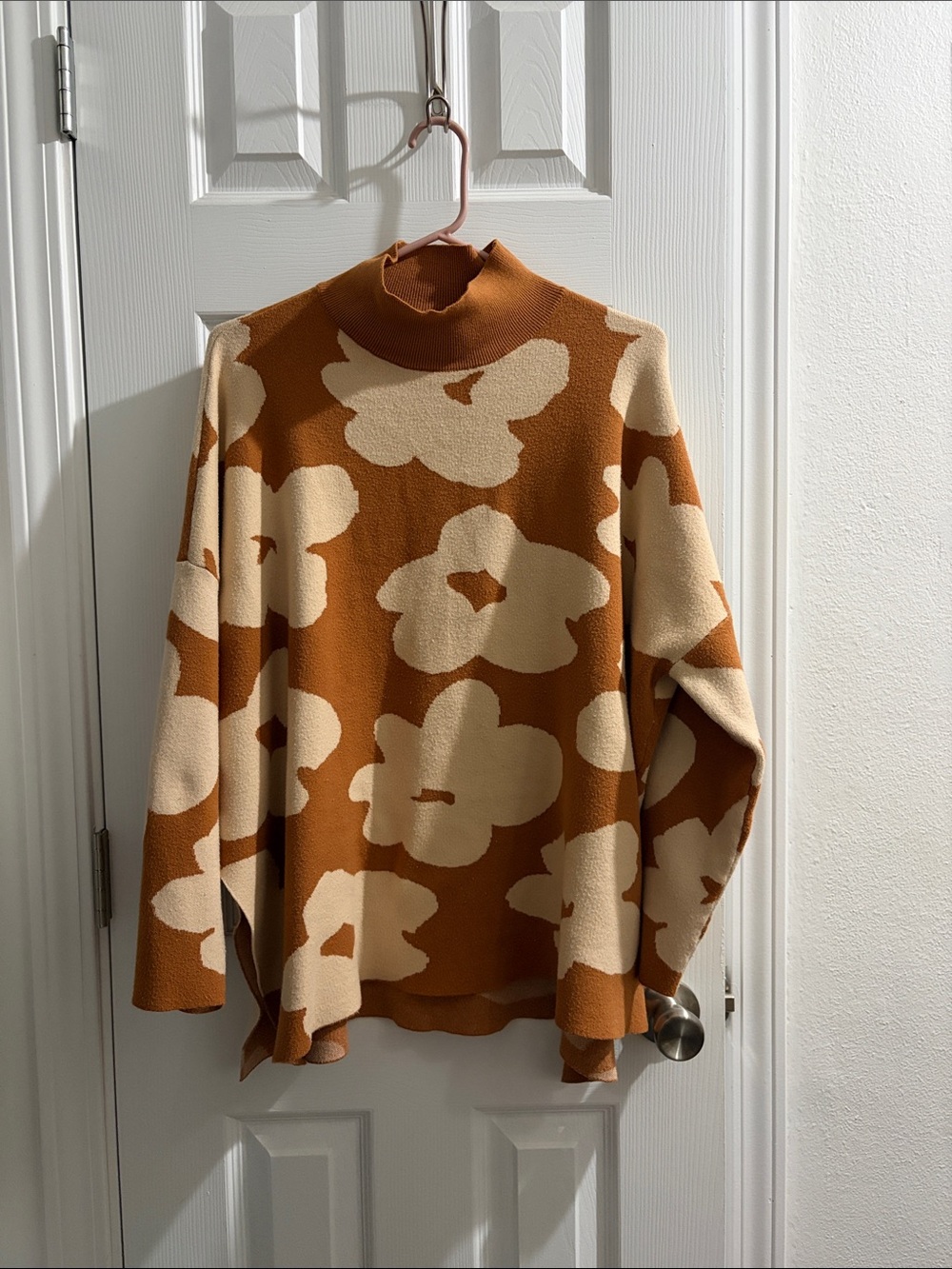 JODIFL Rust Brown and Cream Floral Mock Neck Sweater